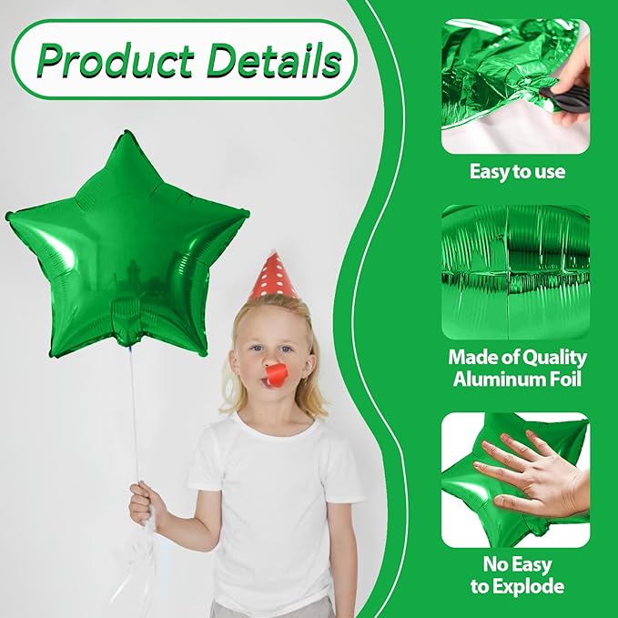 Green Black Silver Star Foil Balloons, 10PCS Foil Stars Shape Balloon, 18 Inch Metallic Pentagram Balloons Helium for Boys Men, Graduation, Baby Shower, Football Soccer Game Birthday Party Decoration