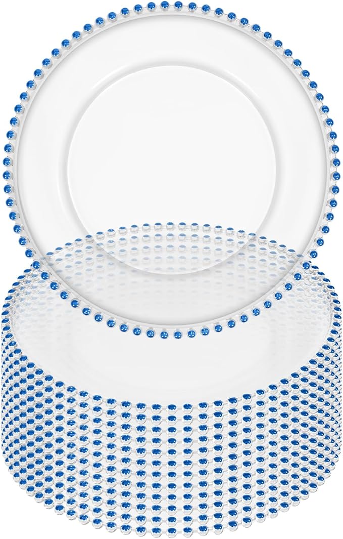 12 Pack Clear Charger Plates Bulk Wedding, 13 Inch Plastic Round Dinner Chargers with Blue Beaded Rim, Acrylic Round Decorative Plates for Wedding Party Home and Tabletop Decor (Blue)