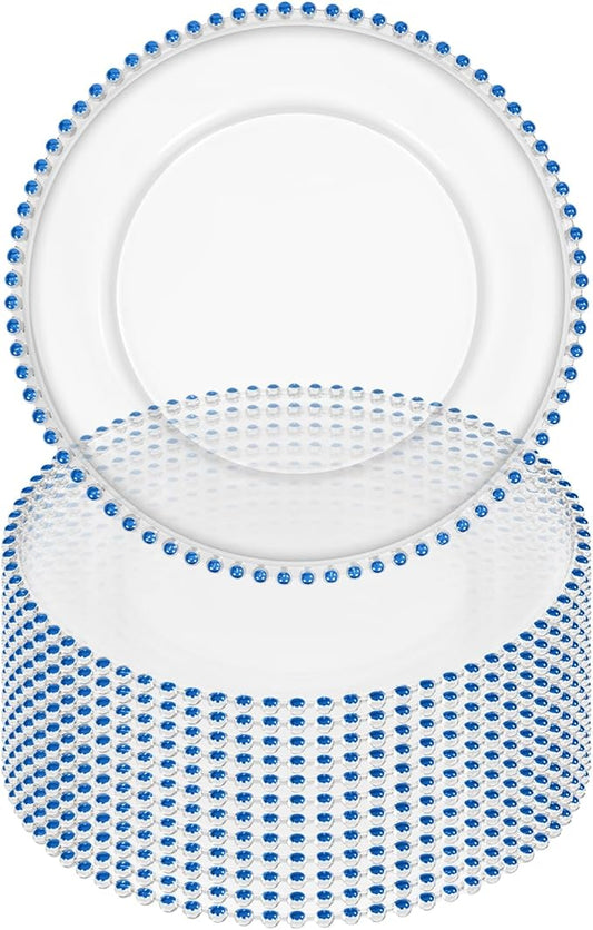 12 Pack Clear Charger Plates Bulk Wedding, 13 Inch Plastic Round Dinner Chargers with Blue Beaded Rim, Acrylic Round Decorative Plates for Wedding Party Home and Tabletop Decor (Blue)