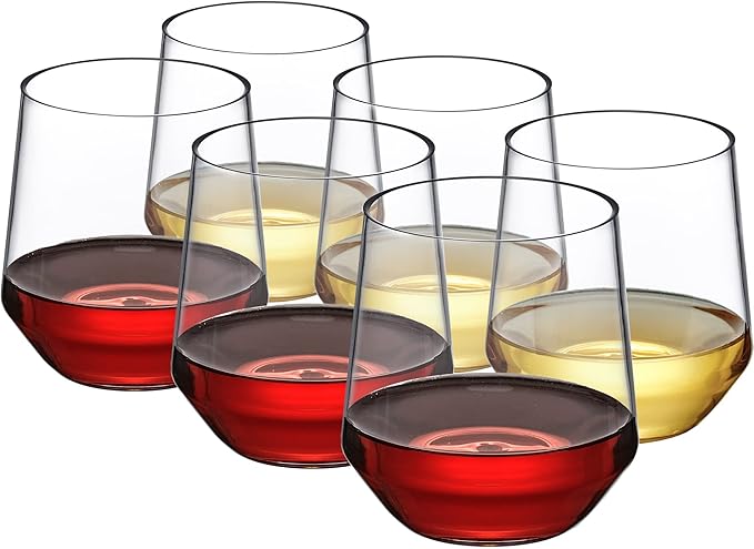 Amazing Abby - Sammy - 14-Ounce Unbreakable Tritan Wine Glasses (Set of 6), Plastic Stemless Wine Tumblers, Reusable, BPA-Free, Dishwasher-Safe, Perfect for Poolside, Outdoors, Camping, and More