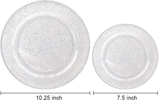 WDF 120PCS Silver Plastic Plates- Disposable Silver Glitter Plates, Premium Heavy Duty 60-10.25" Dinner Plates and 60-7.5" Salad Plates for Christmas Parties &Wedding