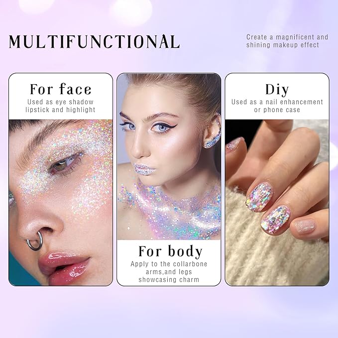 HOSAILY Roll-on Holographic Body Glitter Gel for Face Hair, Chameleon Color Changing Glitter Gel Under Light, Chunky Mermaid Sequins Festival Party Rave Accessories Shimmer Makeup (13# Dazzle)
