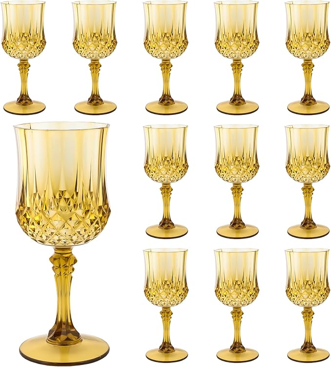 Plastic Wine Glasses, Plastic Goblets Vintage Style Cordial Unbreakable Drinking Glasses, Reusable Drinkware for Wedding Reception, Grand Event Party Supplies, Easter (12, Gold)