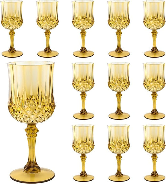 Plastic Wine Glasses, Plastic Goblets Vintage Style Cordial Unbreakable Drinking Glasses, Reusable Drinkware for Wedding Reception, Grand Event Party Supplies, Easter (12, Gold)