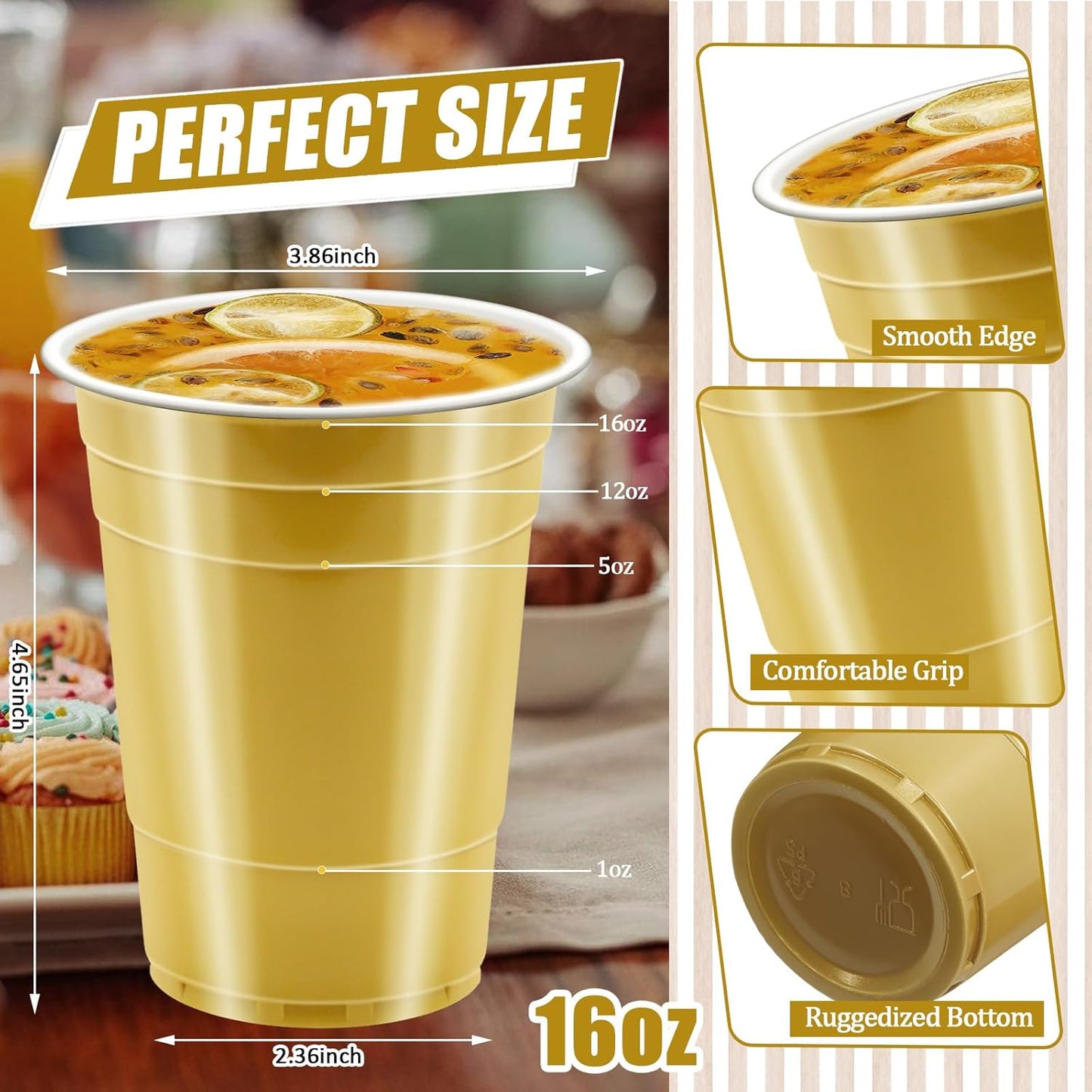 100 Pack 16 oz Gold Plastic Cups for Party, Heavy Duty Gold Disposable Cups Graduation Cups Bulk for Halloween Wedding Birthday Festive Celebrations Wine Beer Beverage