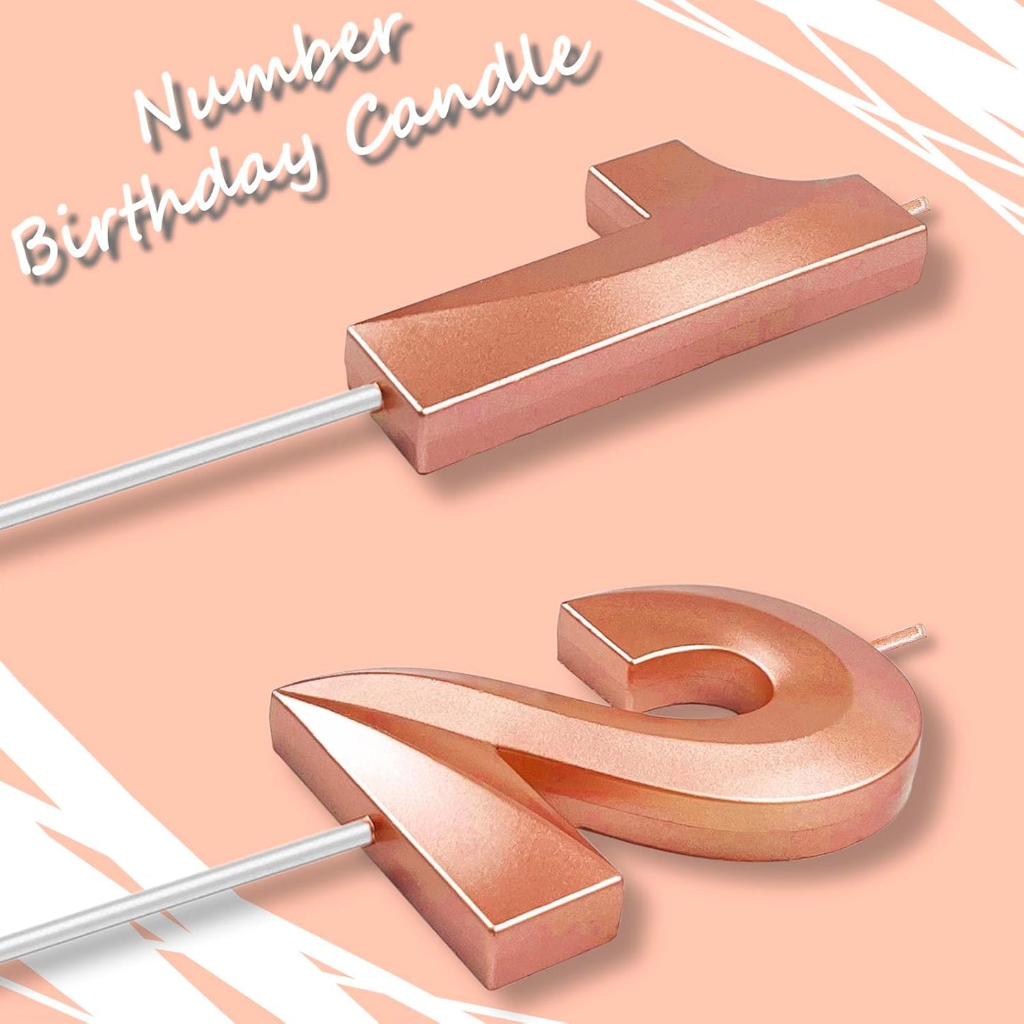 Rose Gold Number 12 Candles, 3D Diamond 2.76 Inch Cake Topper Birthday Candles for Wedding Anniversary Cake Decorations, Happy Birthday Party Decorations