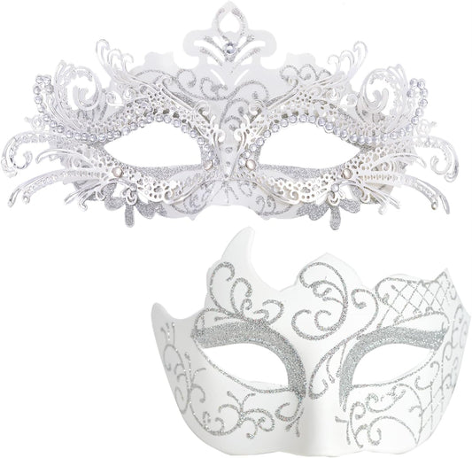 2025 Masquerade Masks for Couples, Shiny Rhinestone Metal Filigree Venetian Mask & Mens Venetian Mask for Mardi Gras