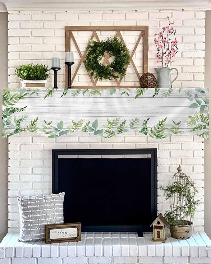 Eucalyptus Leaves Fireplace Mantel Scarf Table Runner, Summer Pastoral Botanical Gray Wooden Winter Garland Mantel Top Tablerunners Dresser Scarves Decorations for Windows Party Living Room 60''x17''