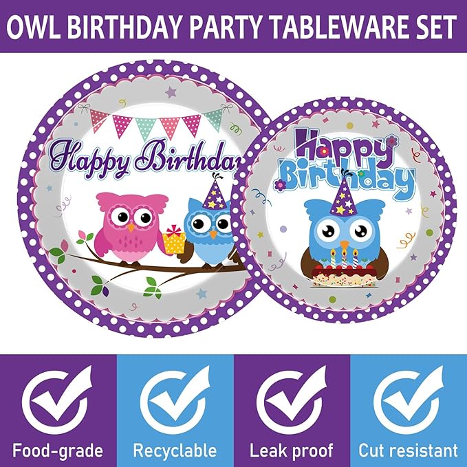 96Pcs Owl Birthday Party Supplies Owl Theme Paper Plates Napkins Animal Party Decorations Cute Owl Dinnerware Party Favor Boys Girls Baby Shower Tableware Serves 24