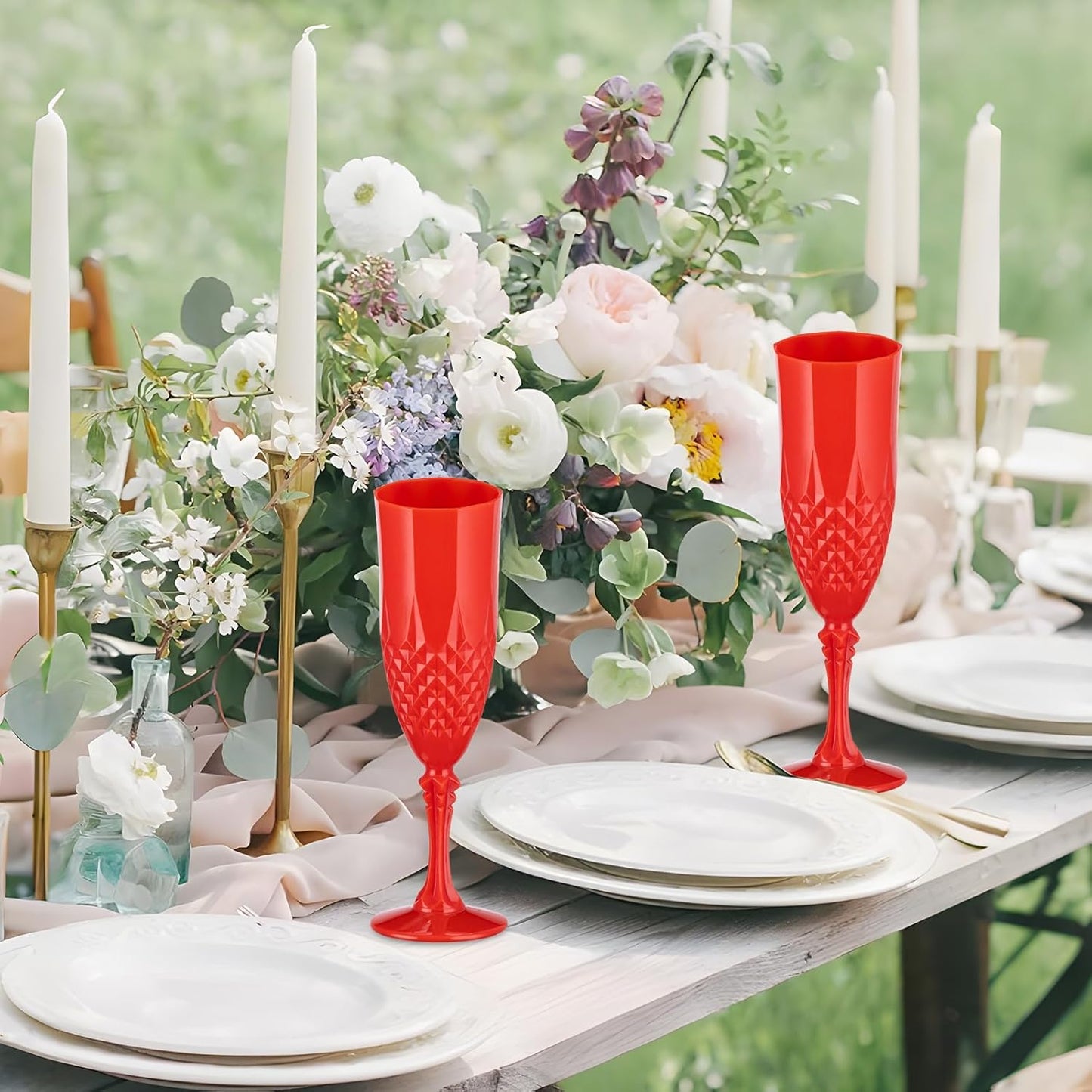 7.1OZ Plastic Champagne Flutes,24PCS Red Acrylic Wine Glasses Goblets Shatterproof Mimosa Bar Reusable Vintage Champagne Flutes Stemmed Drinking Cups for Weddings Bachelor Parties, Toasting,Christmas