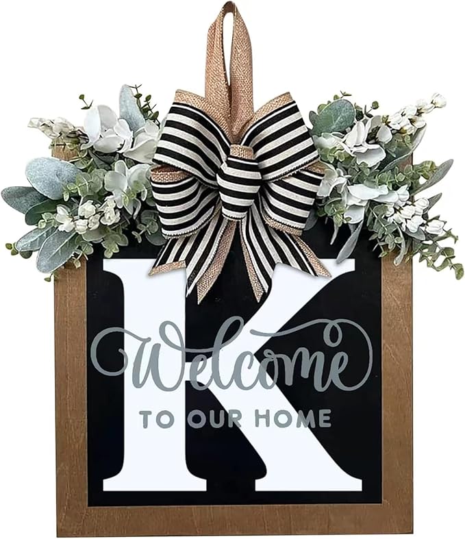 Last Name Year Round Front Door Wreath Front Porch Decoration 26 Letter Welcome Sign with Eucalyptus Garland and Bow Spring Wreaths for Front Door Outside Hanger Garland（K）