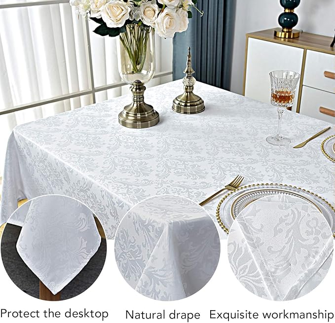 Rectangle Table Cloth - 60 x 102 Inch White Jacquard Tablecloths Damask Design Spillproof Wrinkle Resistant Shrinkproof Soft Tablecloth Polyester Oblong Table Cover for Kitchen Dinning Party Tabletop