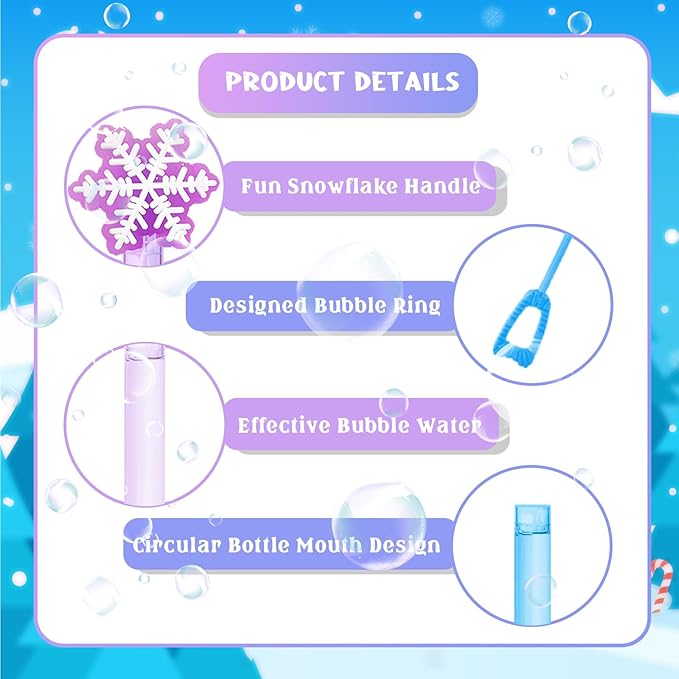 YQUQWN 24 PCS Christmas Winter Bubble Wands, Snowflake Bubbles for Kids, Perfect for Winter Party Gifts, Class Rewards,Birthday Supplies and Christmas Stocking Stuffing