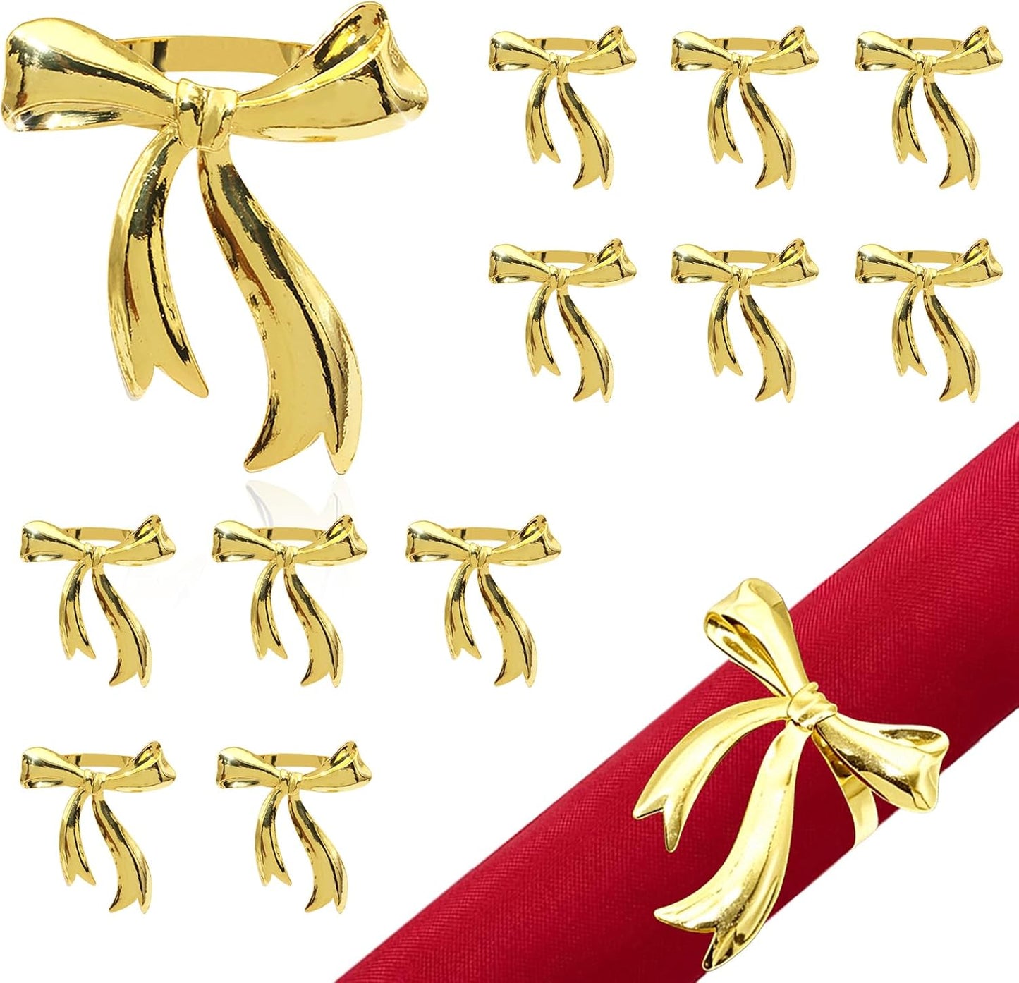 Gold Bow Napkin Rings Set of 12 Christmas Bow Tie Napkin Rings for New Year Valentine's Day Xams Wedding,Shiny Metal Bow Knot Napkin Ring Holders for Birthday Family Dinner Daily Table Decor