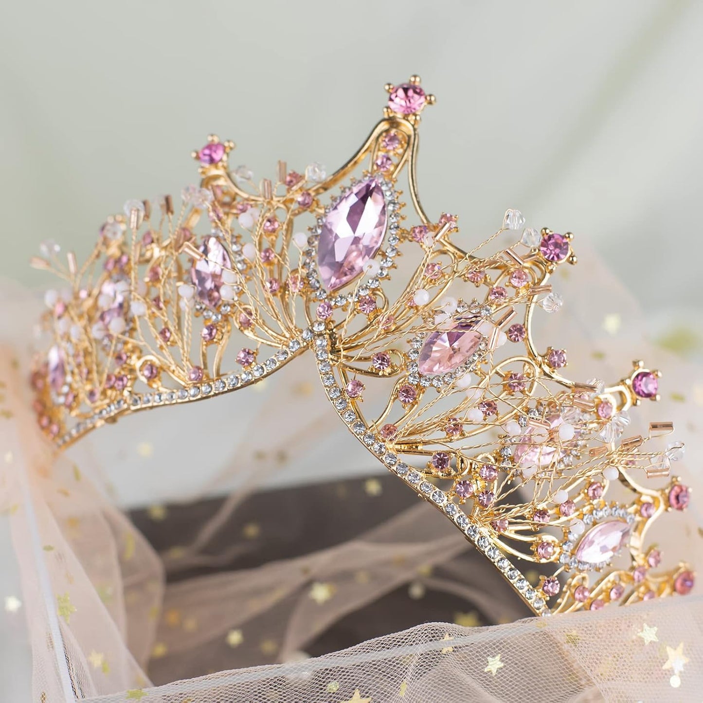 Yolmina Pink Baroque Vintage Crown, Crystal & Pearl Tiara for Women & Girls, Wedding & Party Accessory