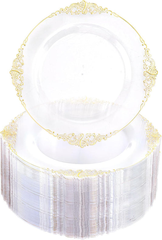 Morejoy 100pcs Gold Plastic Plates - Clear Gold Disposable Plates - 7.5 inch Clear and Gold Dessert Plates, Clear Plastic Plates with Gold Rim for Weddings & Parties & Shower