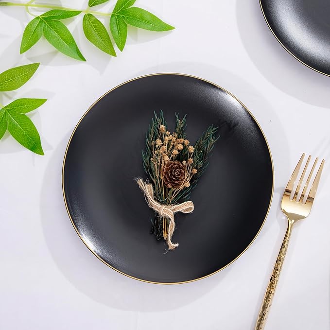EI enjonirinjonir 80pcs Black Dessert Plates with Gold Rim,7.5inch Heavy Duty Disposable Matte Plastic Party Platos Frosted Small Black Dessert/Cake/Appetizer Plastic Plates for Wedding/Tea Party