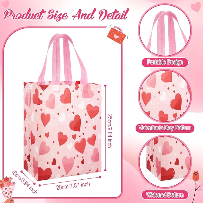 Wesnoy 24 Pcs Valentine's Day Tote Bags Bulk with Handle Heart Reusable Treat Gift Bags Non Woven Gift Wrap for Valentine's Day Wedding Birthday Party Favor Supplies