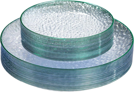 Rubtlamp 60Pcs Green Plastic Plates, Clear Plastic Disposable Plates With Green Rim, Heavy Duty Fancy Hammered Party Plates Include 30 Dinner Plates,30 Salad Plates For Christmas