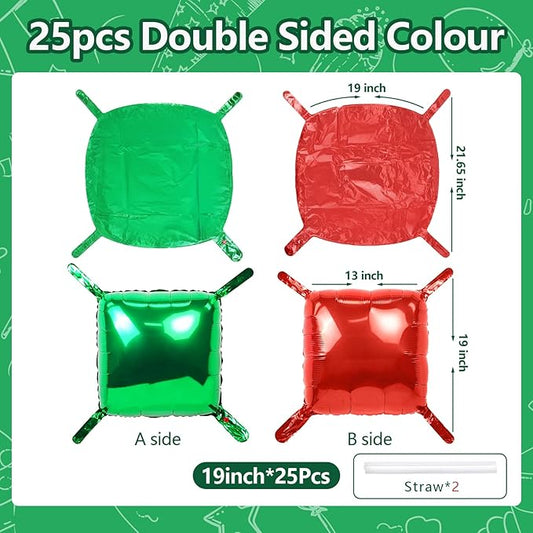 NISOCY 25PCS Christmas Balloons Red Green Square Foil Balloon Wall Backdrop Double Sided Metallic Red Balloons Arch Kit for New Years Birthday Anniversary Bridal Baby Shower Party Decorations