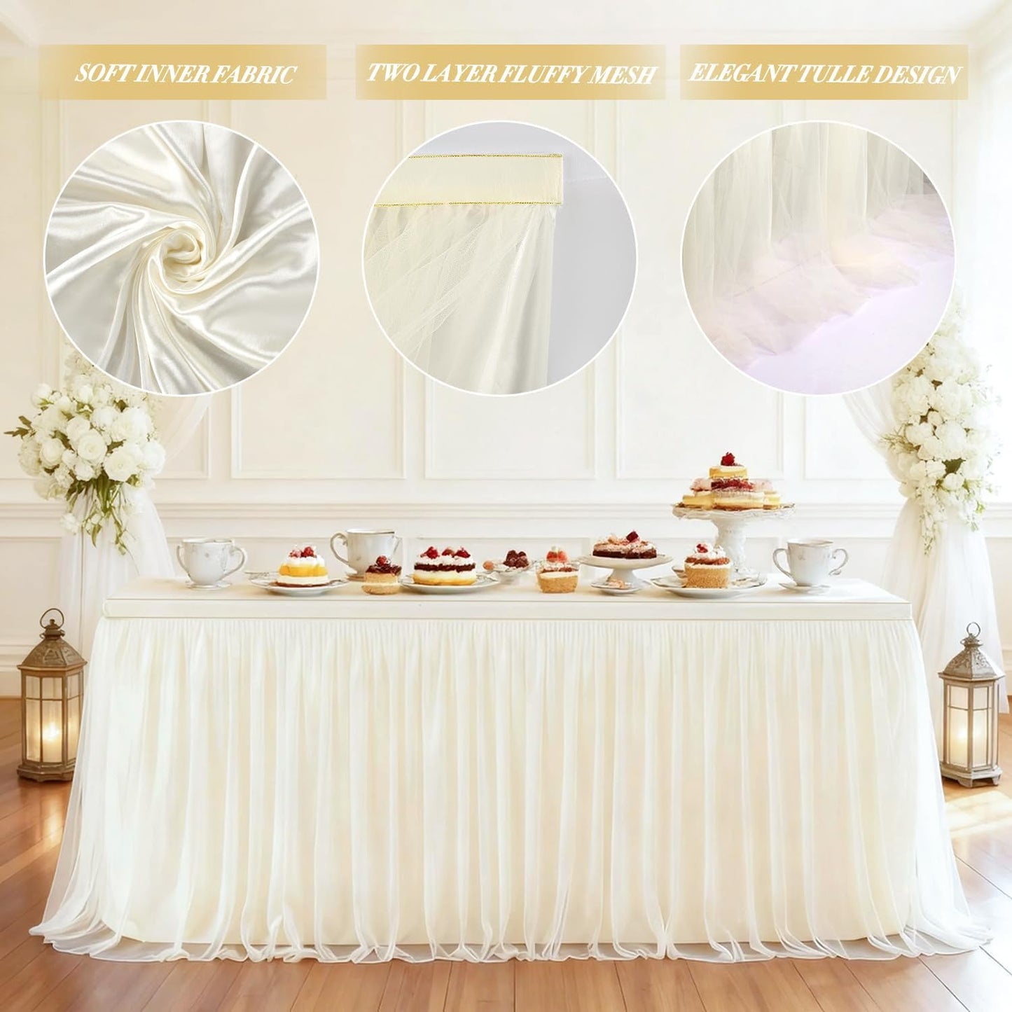 6Ft Champagne Tulle Table Skirts for Rectangle Tables Covers Ruffle Tutu Cloth Table Skirt, 72X30.3'' Tulle Tablecloth for Wedding Round Table Bridal Baby Shower Birthday Banquet Party Decorations
