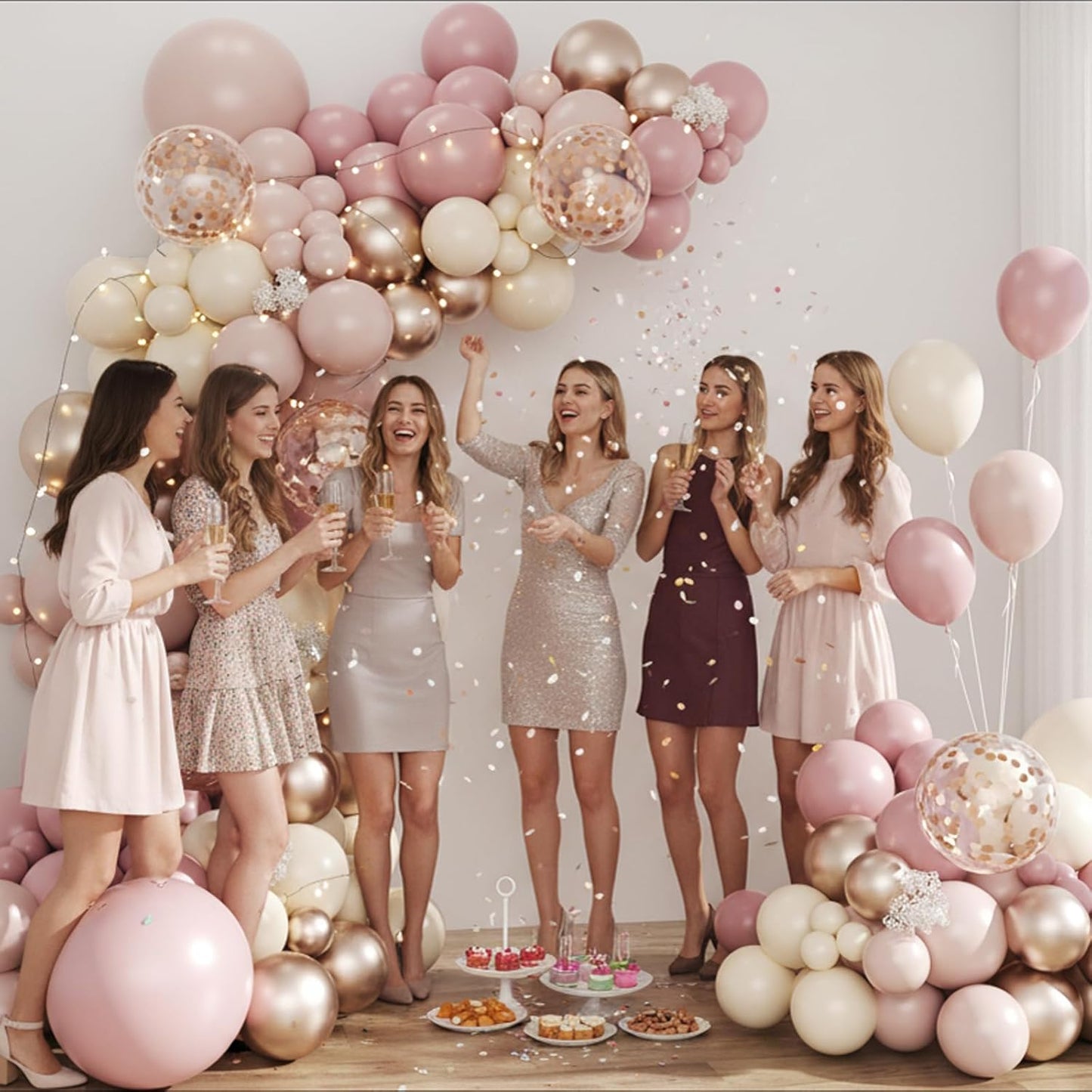 Dusty Pink and Rose Gold Balloon Arch Kit, 134pcs Double Stuffed Light Pink Dusty White Metallic Gold Confetti Balloons Garland Kits for Birthday Wedding Baby Shower Bridal Party Decorations