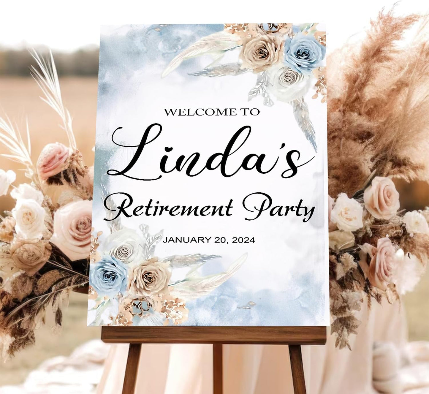 Boho Blue Retirement Welcome Sign - Floral Bridal Shower Decor, Outdoor Printed