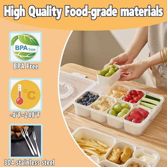 Snackle Box Container,8 Compartment Divided Serving Tray with Lid and Handle,6 Fruit Forks,Dishwasher Safe, BPA-Free,reusable snack containers with lids for Fruits,Nuts,Candy,Party,Picnic
