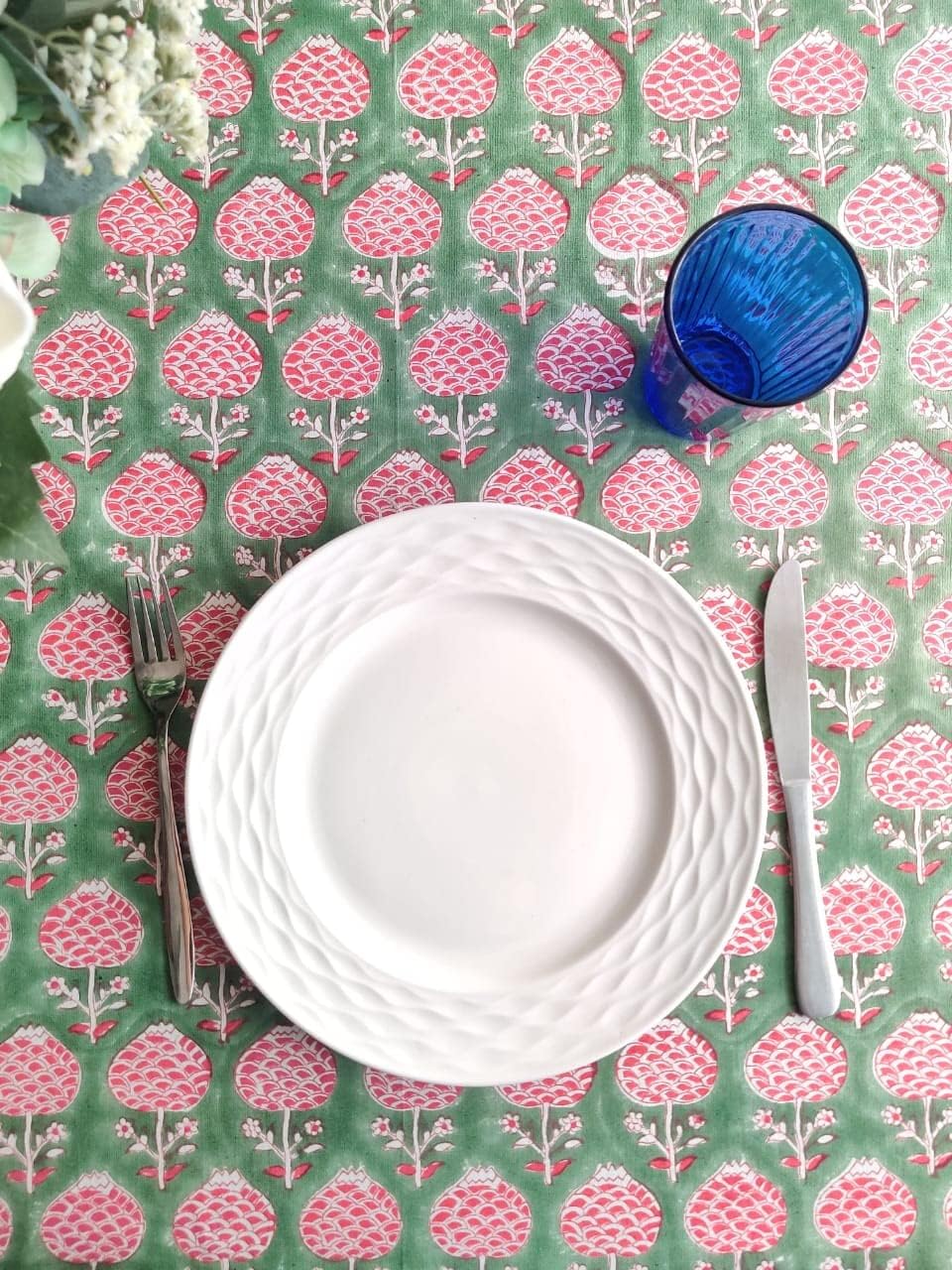 ATOSII Roma Green 100% Cotton Square Summer Tablecloth, Block Print Floral Table Cloth for Dining, Parties Wedding Outdoors I Grand Millenial Decor 60 X 60 Inches I 4 Seater I