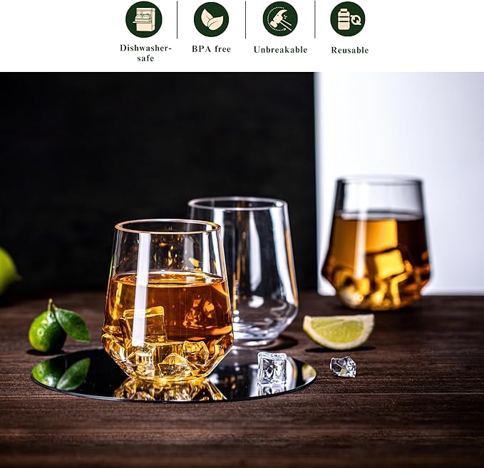 16oz Clear Stemless Wines Cups (Set of 6), Shatter-Proof Acrylic Glasses Drinkware, Reusable Plastic Bar Glasses, BPA-Free, Dishwasher-Safe