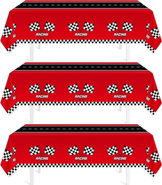 Childom 3Pcs Racing Car Plastic Tablecloth, Race Birthday Party Decorations, 54'' x 108'' Checkered Table Cloth Decor, Favors Rectangular Tablecloth for Boys Baby Shower Home