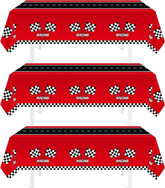 Childom 3Pcs Racing Car Plastic Tablecloth, Race Birthday Party Decorations, 54'' x 108'' Checkered Table Cloth Decor, Favors Rectangular Tablecloth for Boys Baby Shower Home