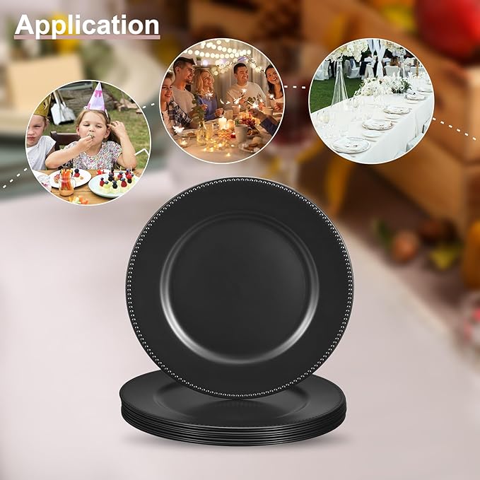 uxcell 10pcs Charger Plates Bulk 13 Inch Plastic Charger Plates Round Plate Charger for Dinner Wedding Party Event Table Setting Decoration Black