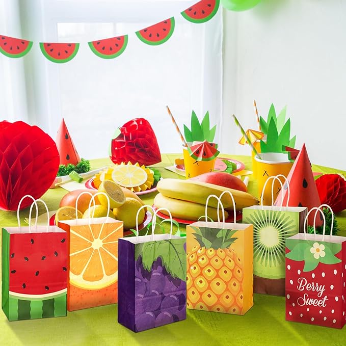 Outus 24 Pcs Summer Fruit Party Favors Bags Fruit Goodie Gift Paper Bag with Handles Tutti Frutti Strawberry Watermelon Candy Treat Tote Pouch for Summer Party Birthday Baby Shower Decoration Supplies