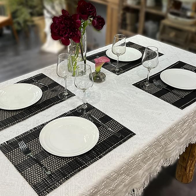 ANDSTAR Set of 8 Pcs Bamboo Placemats Natural Anti-Slip Bamboo Placemats Washable Heat-Resistant Table Mats for Dining Room and Kitchen (Black+White)
