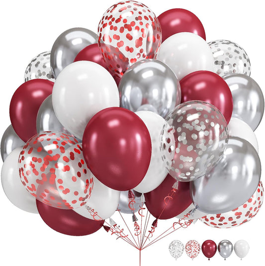 Burgundy Red and Silver Balloons, 60 Packs 12 Inch Wine Red and White Silver Metallic Confetti Balloons with Ribbons for Women Birthday Wedding Bridal Shower Retirement Party Decorations Supplies