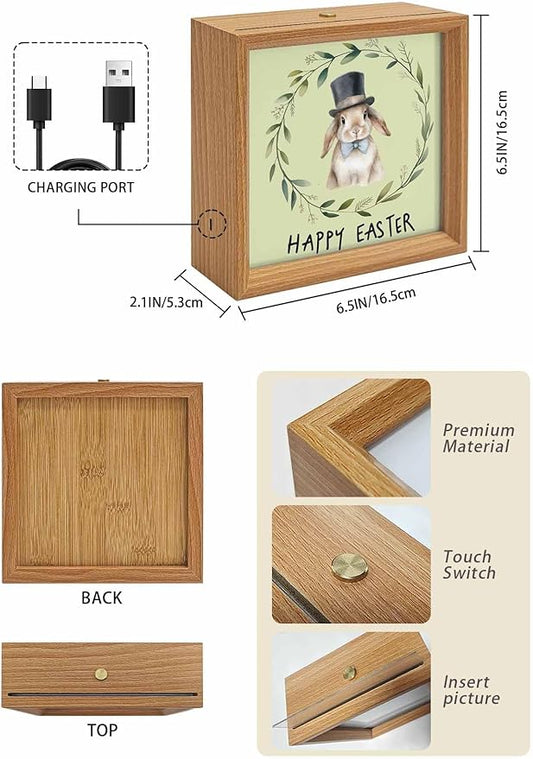 Happy Easter Bunny Garland Wooden LED Night Light USB Rechargeable Dimmable Touch Table Light for Home Decor Pastoral Eucalyptus Leaf Wood Picture Frame Box,6.5X6.5IN