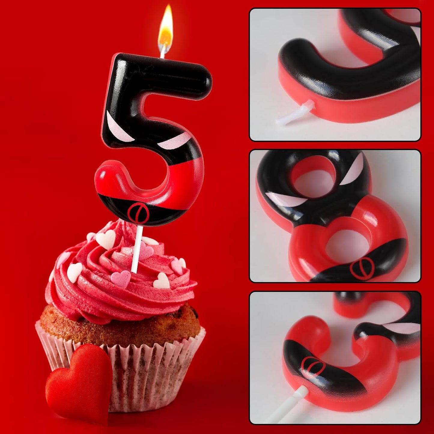 Black Red Mask Number 5 Birthday Candles - Comic Themed Cake Topper for Birthday Decorations Supplies, 5 Candle Party Favors (Number 5)