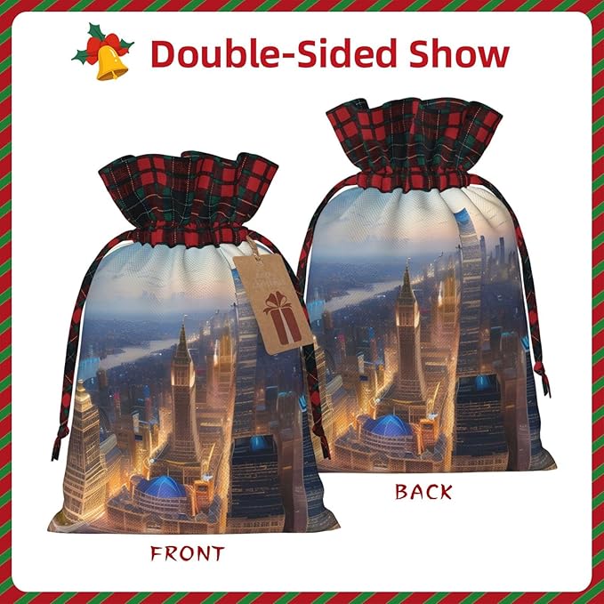 PULaif City Picture Night Christmas Drawstring Gift Bags, Large Size Christmas Bags For Gifts Party Favors, Xmas Gift Bags