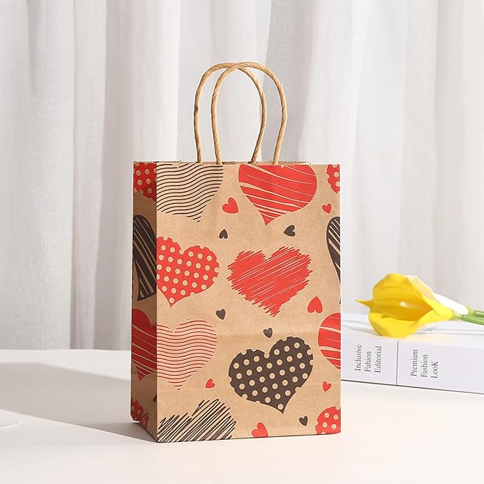 piqiya 24pcs Valentine Gift Bags Bulk,Kraft Paper Gift Bag with Handle,Valentines Gift Bags for Gift Wrapping,Anniversary,Valentine‘s Day Party