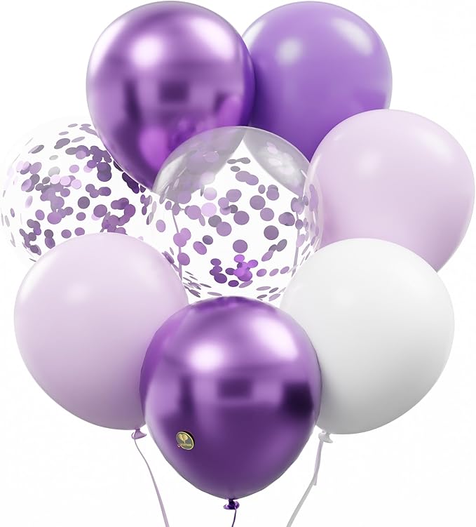 AFTERLOON® Biodegradable Balloons 50 pcs Purple/White 12 Inch Set, Metallic Confetti Thickened Extra Strong Latex Helium Float, for Baby Shower Gender Reveal Garland Wedding Birthday Party Decorations