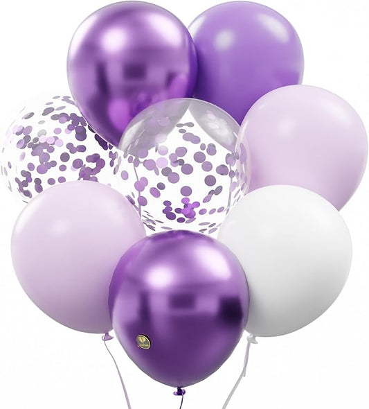 AFTERLOON® Biodegradable Balloons 50 pcs Purple/White 12 Inch Set, Metallic Confetti Thickened Extra Strong Latex Helium Float, for Baby Shower Gender Reveal Garland Wedding Birthday Party Decorations