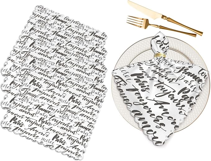 Yibeas Hand Drawn French Words Cloth Napkins Set of 4 Soft Paris, France, Always Love, Thank You and Hello Washable and Reusable Dinner Napkins for Weddings Parties 18 x 18 inch