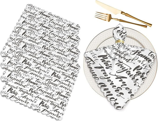 Yibeas Hand Drawn French Words Cloth Napkins Set of 4 Soft Paris, France, Always Love, Thank You and Hello Washable and Reusable Dinner Napkins for Weddings Parties 18 x 18 inch