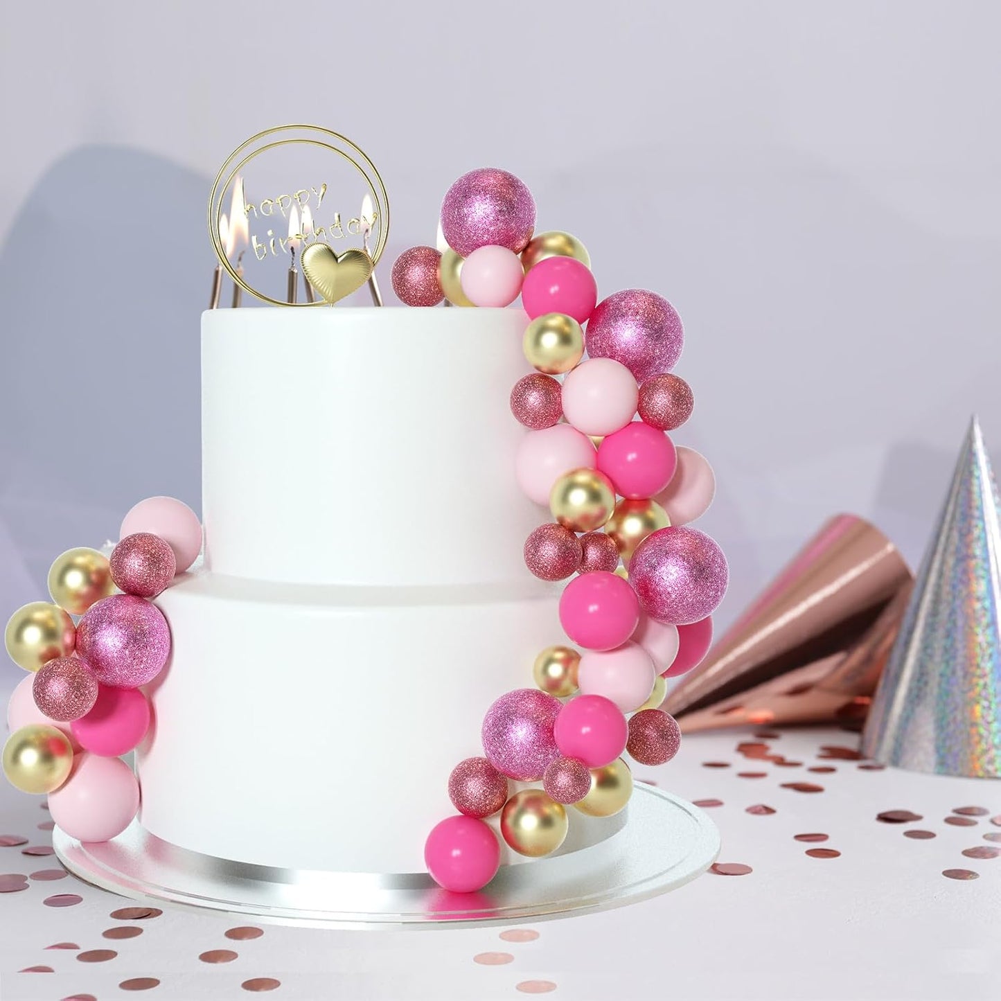 ASTARON 50 Pcs Ball Cake Topper Sticks Mini Balloons for Cake Decorating Supplies Foam Balls Cake decorations for Baby Shower Cake Birthday Cake Toppers Decorations (Pink Series)