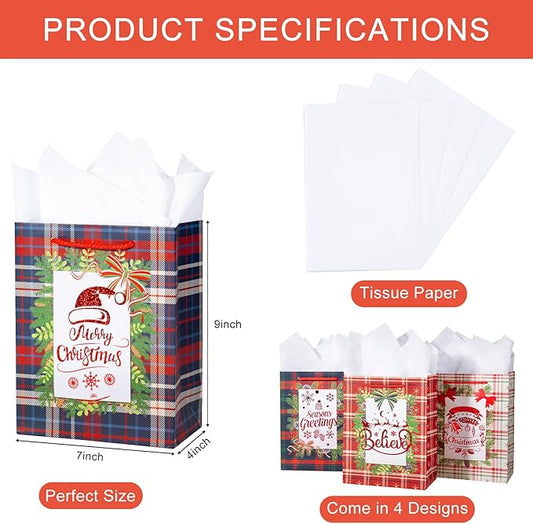 Loveinside Christmas Gift Bags Set, Gold Foil Holiday Wreath & Plaid Design, Medium Size Bags with Handle, Tissue Paper for Christmas Gifts & Party Favors, 4 Pack, 7" X 4" X 9"