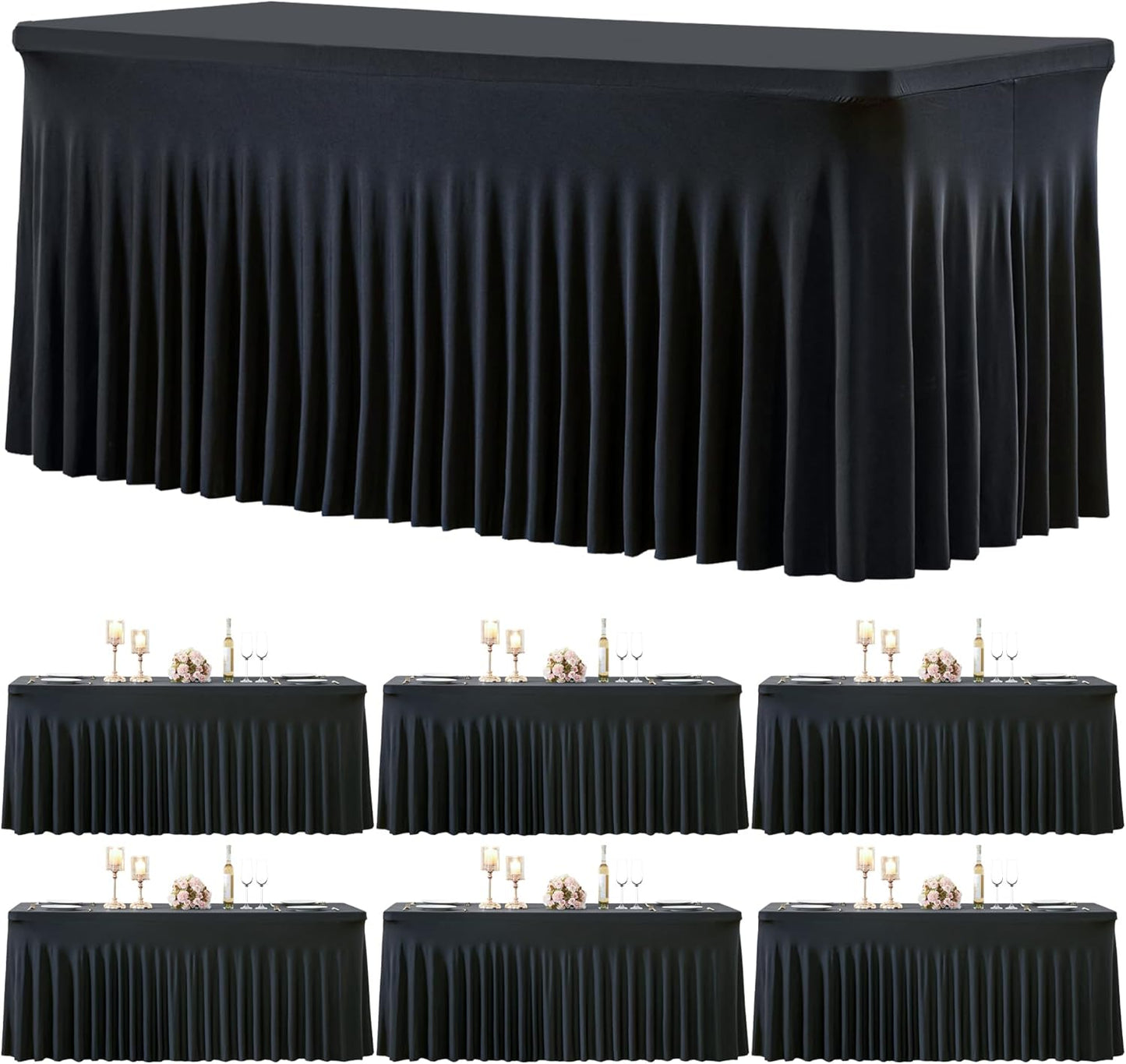 6 Pack Spandex Black Fitted Table Cloth for 8ft Rectangle Tables Black Stretch Tablecloth Table Covers Banquet Table Clothes Wrinkle Free Table Skirt for Parties Wedding