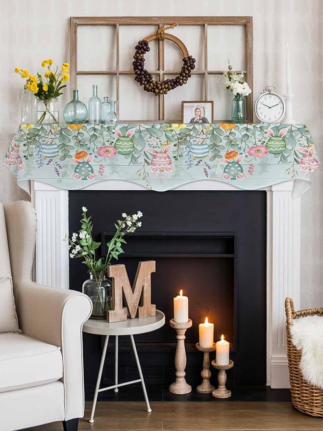 Easter Fireplace Mantel Scarf Table Runner, Spring Eggs Eucalyptus Branch Floral Wooden Winter Garland Mantel Top Tablerunners Dresser Scarves Cover Decorations for Windows Party Living Room 60''x17''