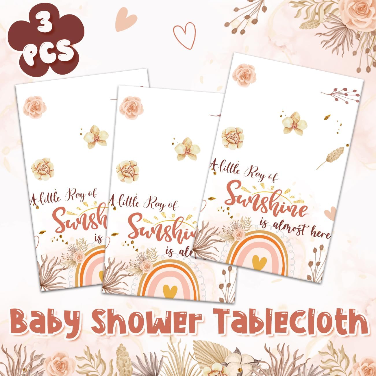 A Little Ray of Sunshine Boho Rainbow Baby Shower Party Supplies - 3Pcs Disposable Plastic Tablecloths for Boho Baby Shower Decor