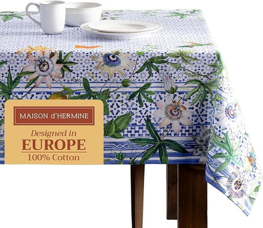 Maison d' Hermine Table Cloth Rectangle Table 100% Cotton 60 x 90 Inches Tablecloth Reusable Decorative for Dining Room Farmhouse Home Valentines Day Decorations Spring Summer - Passiflora